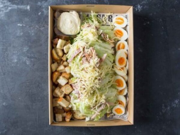 Classic Caesar, Soft Boiled Eggs, Croutons, Crisp Bacon, Parmesan, Whole Egg Mayonnaise (v)