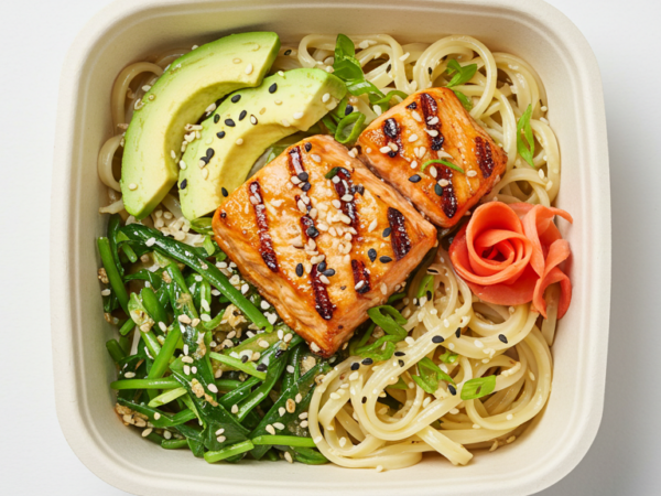 Salmon, Green Tea Noodles, Soya, Avocado, Shichimi Togarashi