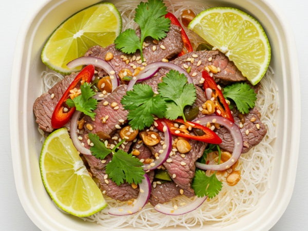 Thai Beef Salad With Coriander, Mint And Lime On Noodles With Sesame Soya Dressing